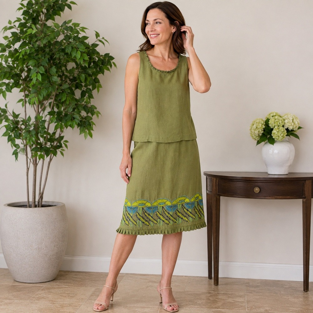Maggy London Linen Blend Embroidered Skirt Set Floral Sleeveless Womens 10 Olive
